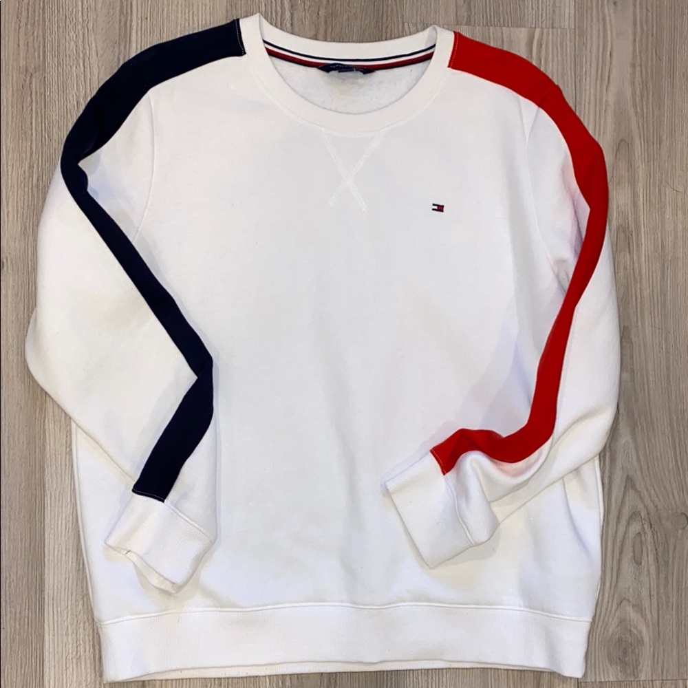 Tommy Hilfiger White Crewneck Sweatshirt with Red and Navy Accents